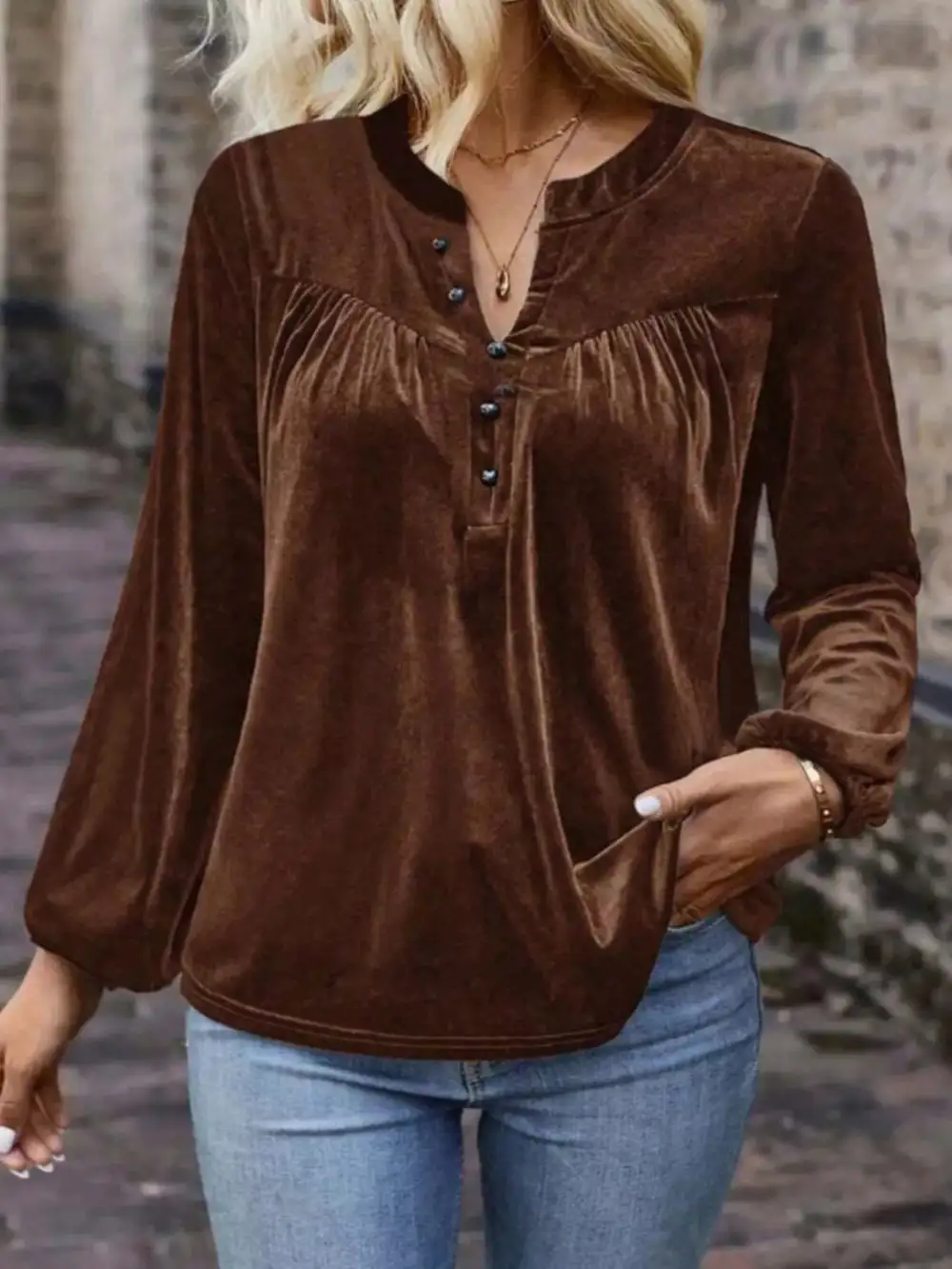 Velvet Notched Long Sleeve Blouse