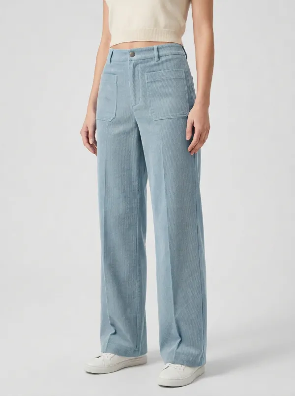 Women's Crease-Front Patch-Pocket Wide-Leg Corduroy Pants