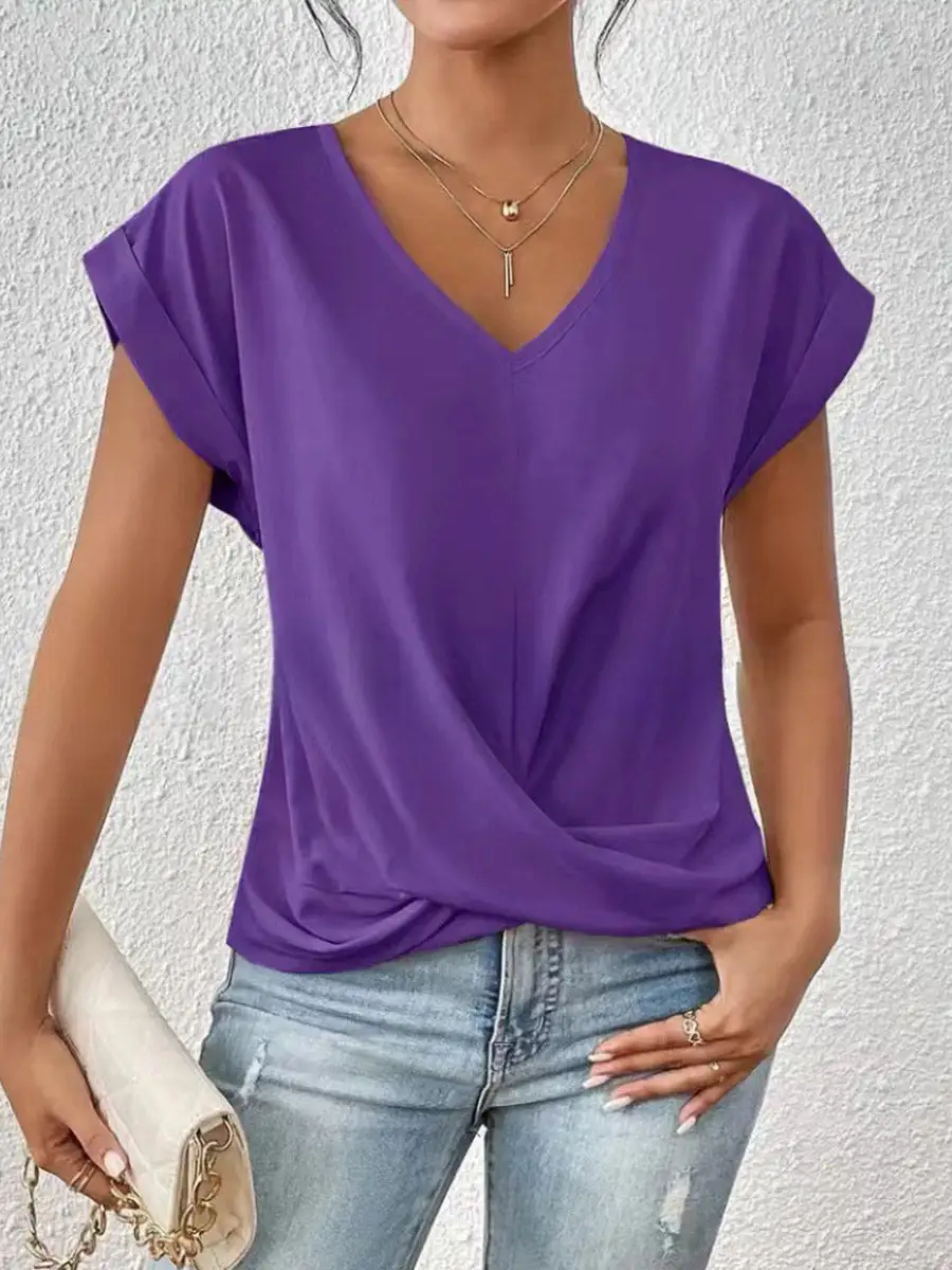 Relaxed Short Sleeve Pleat Detail V-Neck T-Shirt