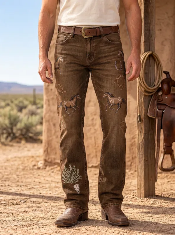 Men's Western Cowboy Horse Lasso Skull Jeans