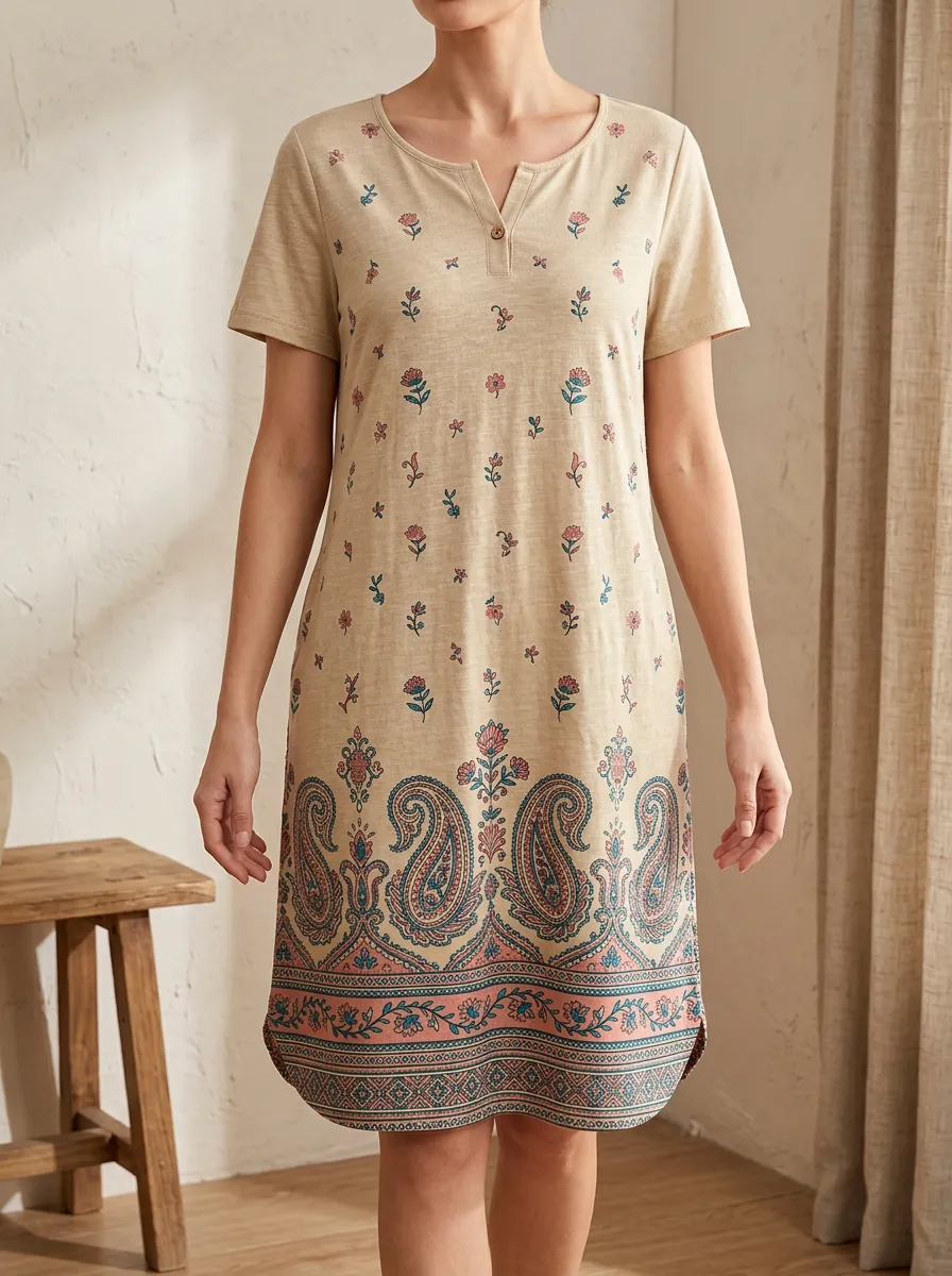 Women's Boho Floral Paisley Printed V-Neck T-Shirt Dress