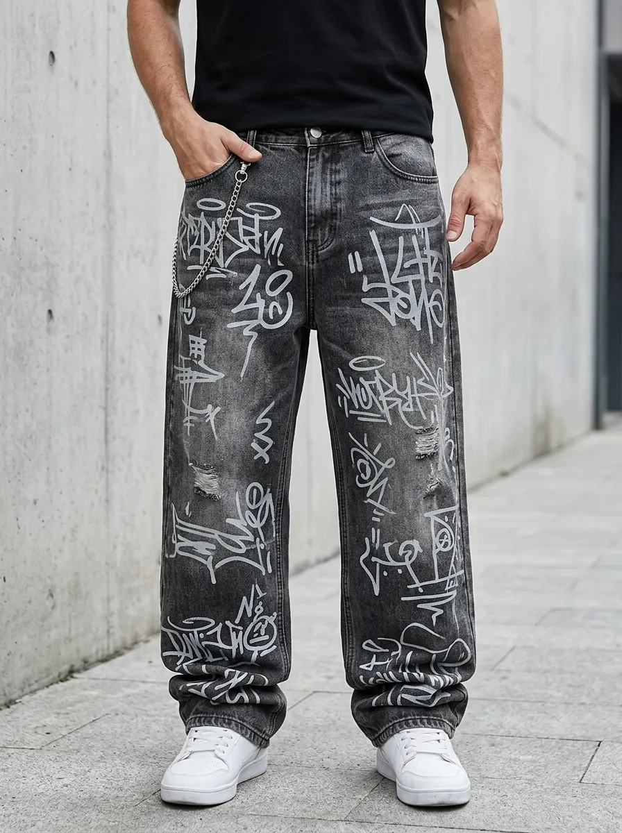 Men's Urban Streetwear Graffiti Distressed Jeans