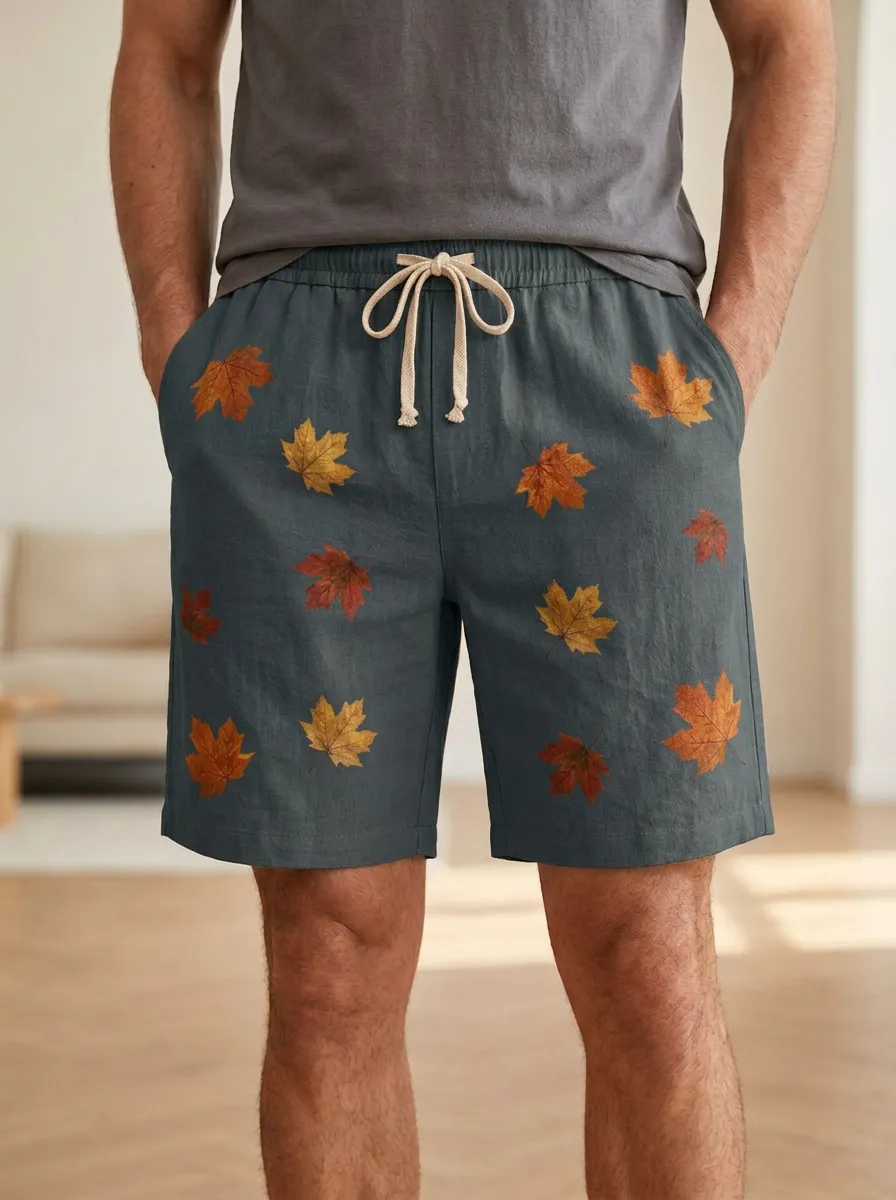 Maple Leaf Print Drawstring Seasonal Shorts