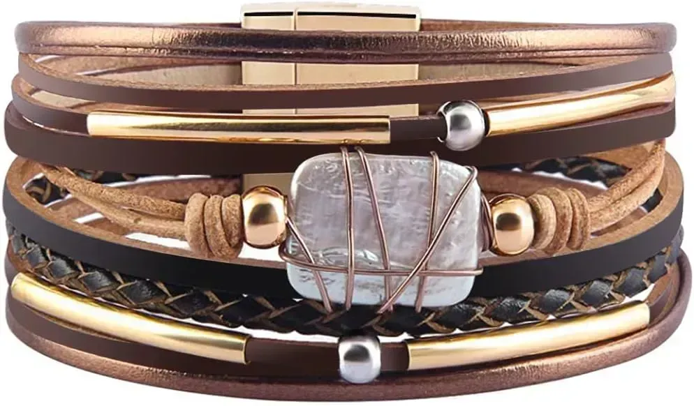 Fesciory Leather Wrap Bracelets for Women, Boho Leopard Multi-Layer Crystal Beads Cuff Bracelet Jewelry