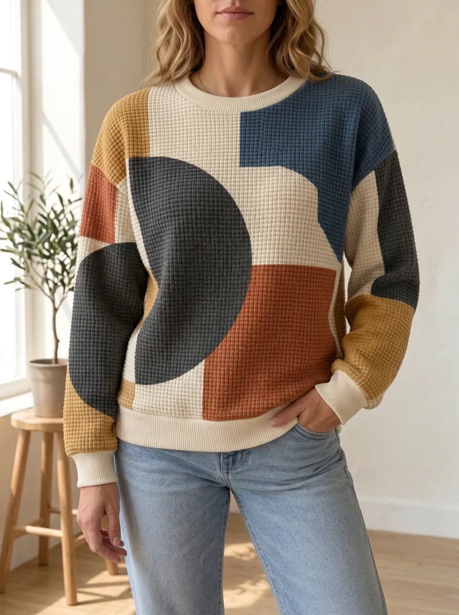 Women's Abstract Geometric Pattern Art-Inspired Waffle Knit Crewneck Sweatshirt