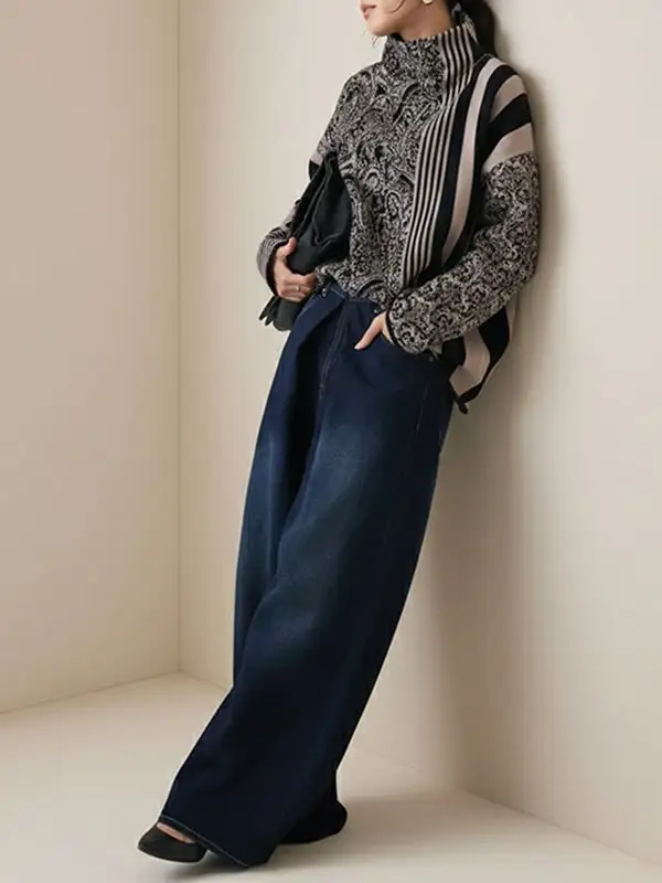 Striped Long Sleeve Relaxed Fit Pullover Sweater
