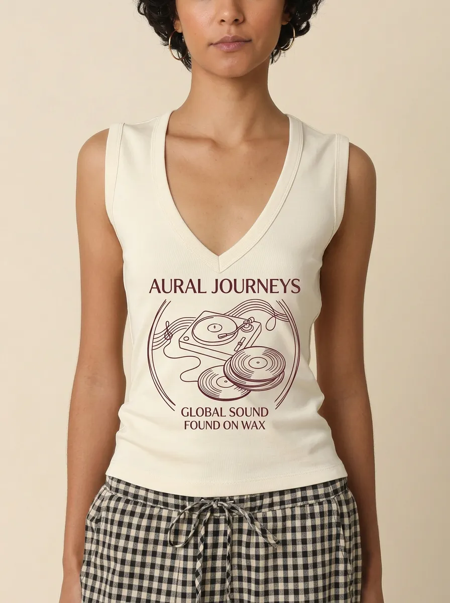 Women's Music Lover Vinyl Record Player Printed V-neck Tank Top