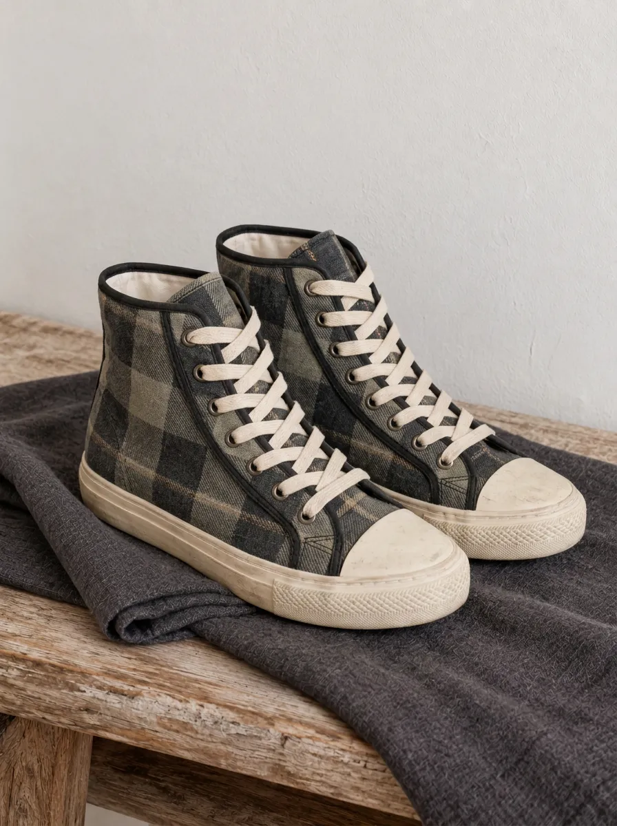 Men's Casual Style Green Plaid Pattern Printed Canvas Shoes