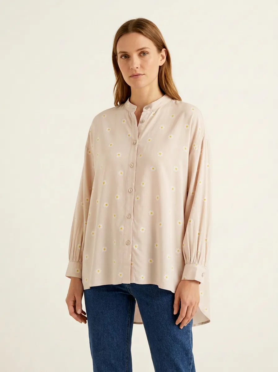 Women's Daisy-Print Mandarin-Collar High-Low Shirt