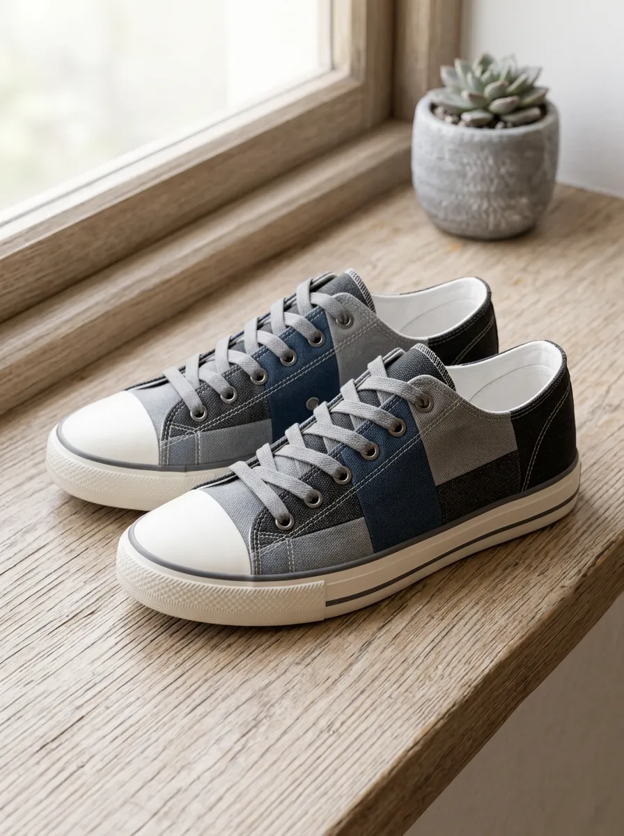 Men's Blue Grey Patchwork Printed Canvas Shoes