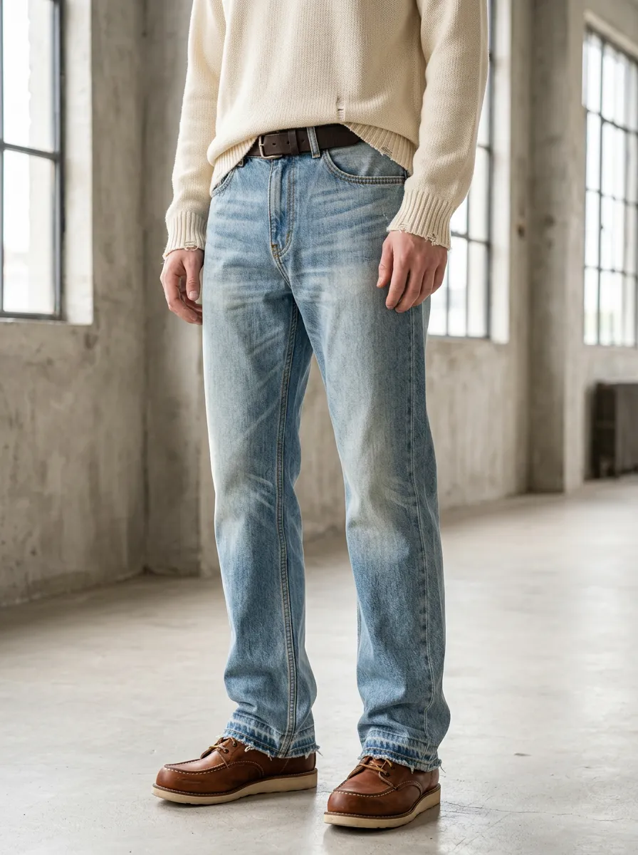 Men's Vintage Wash Distressed Hem Straight Leg Jeans