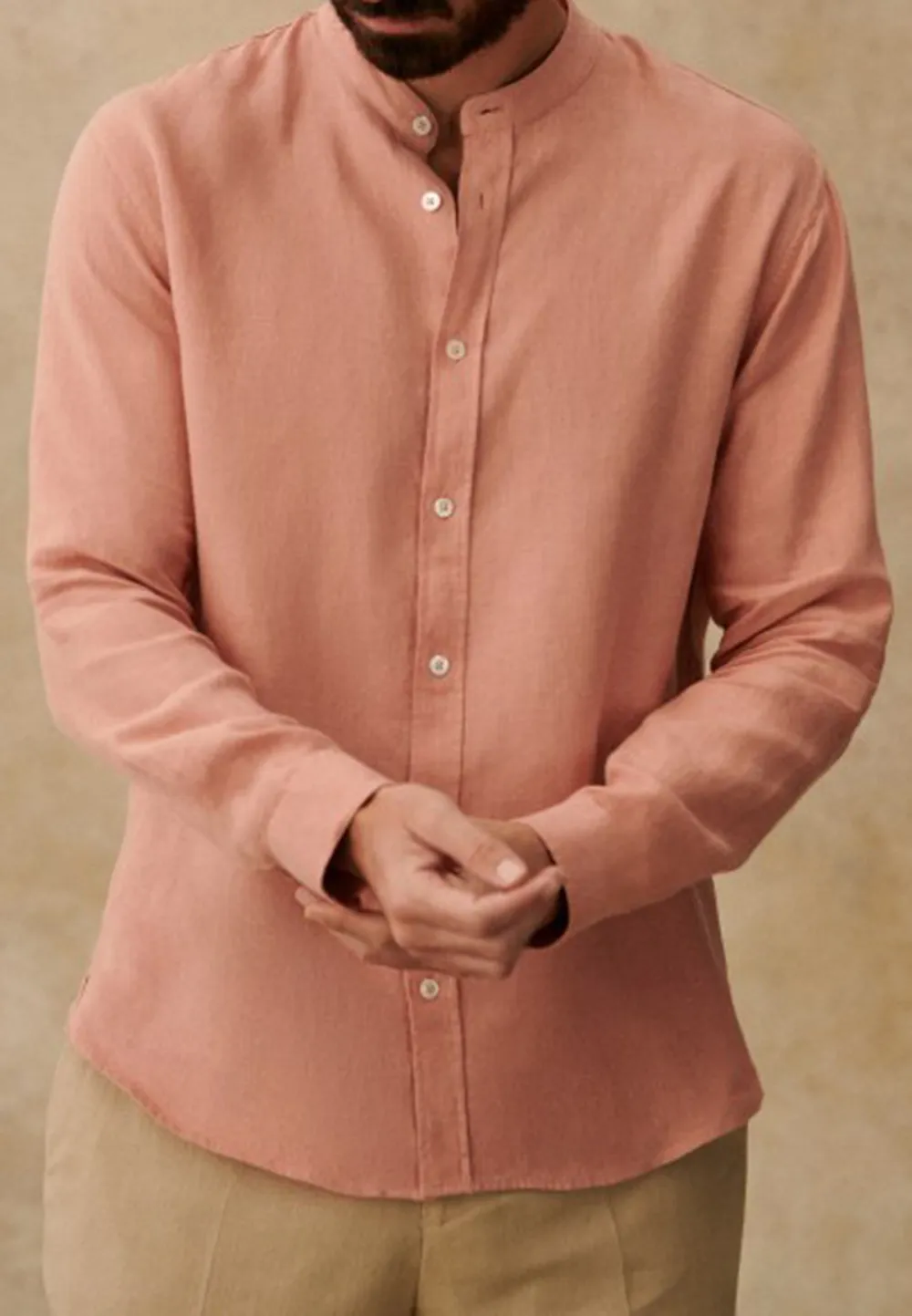 Cream Mandarin Collar Linen Blend Long Sleeve Shirt