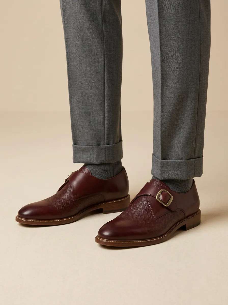 Men's Business Formal Woven Pattern Embossed Leather Monk Shoes