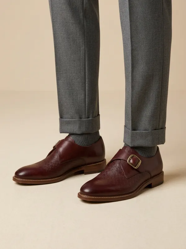 Men's Business Formal Woven Pattern Embossed Leather Monk Shoes