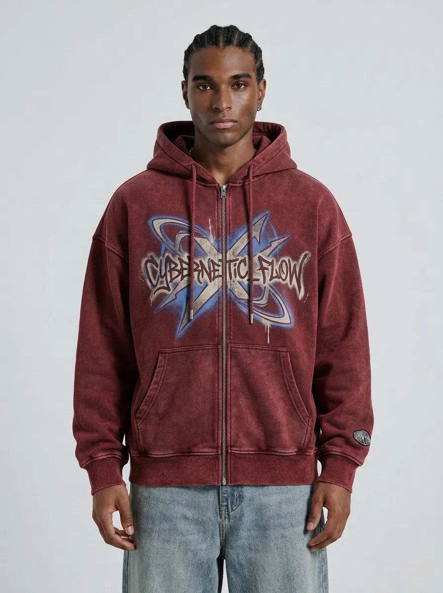 Men's Streetwear Cybernetic Flow Graffiti Printed Zip-up Hoodie