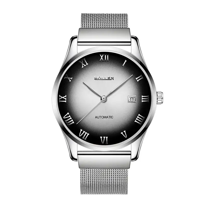 Sollen 9012 Automatic Watch - Men's Roman Sunray Dial Slim Profile Stainless Steel Mesh Strap Wristwatch