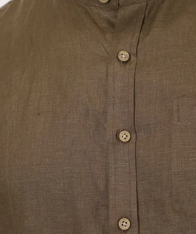 Hazelnut Brown Linen Mandarin Collar Shirt