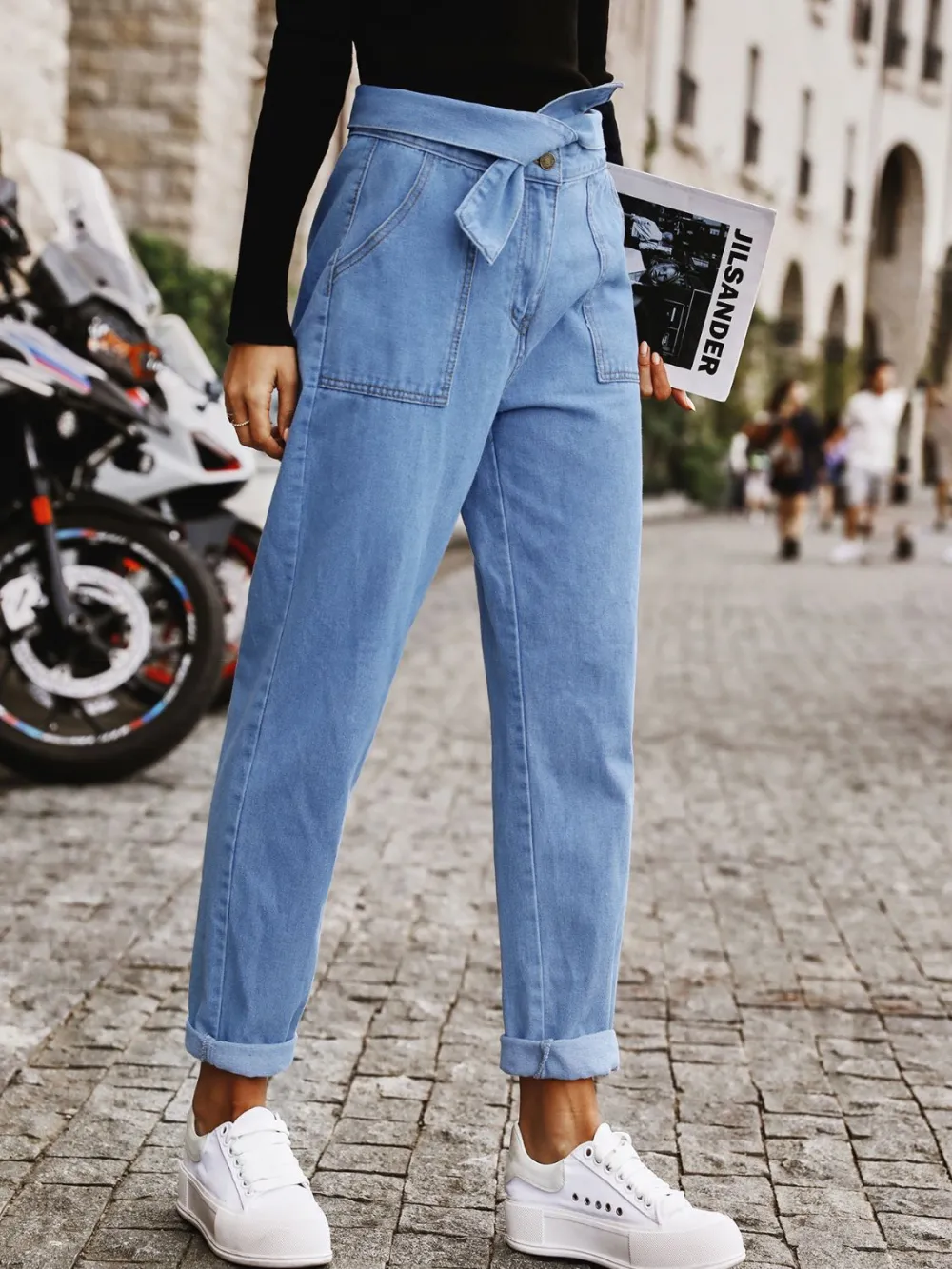 Refined Washed Tie-Waist Pocketed Stretch Straight Leg Jeans