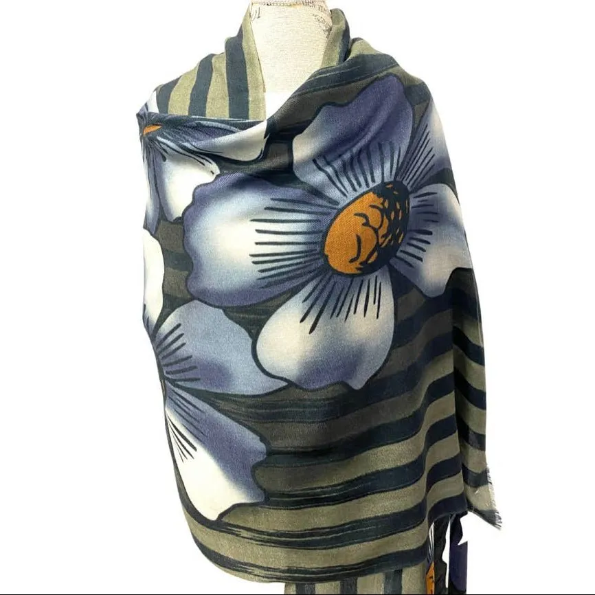 Floral Stripe Wool And Silk Scarf