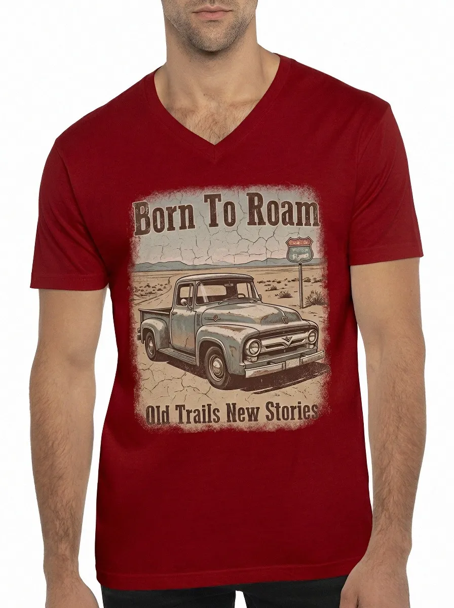 Men's Vintage Truck Lover Born To Roam Printed V-neck T-shirt