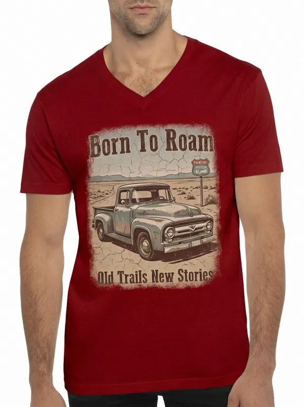 Men's Vintage Truck Lover Born To Roam Printed V-neck T-shirt
