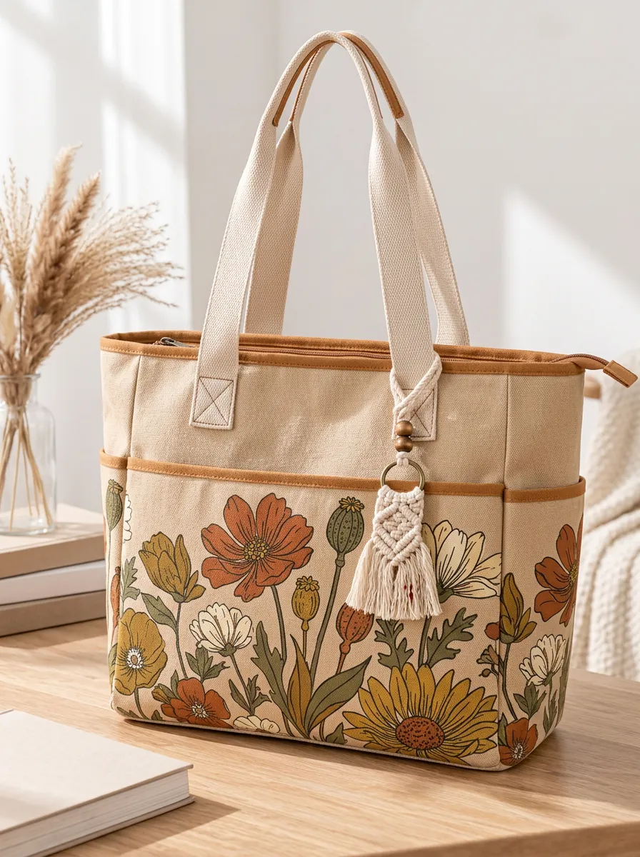 Women's Floral Boho Retro Printed Canvas Shoulder Tote Bag
