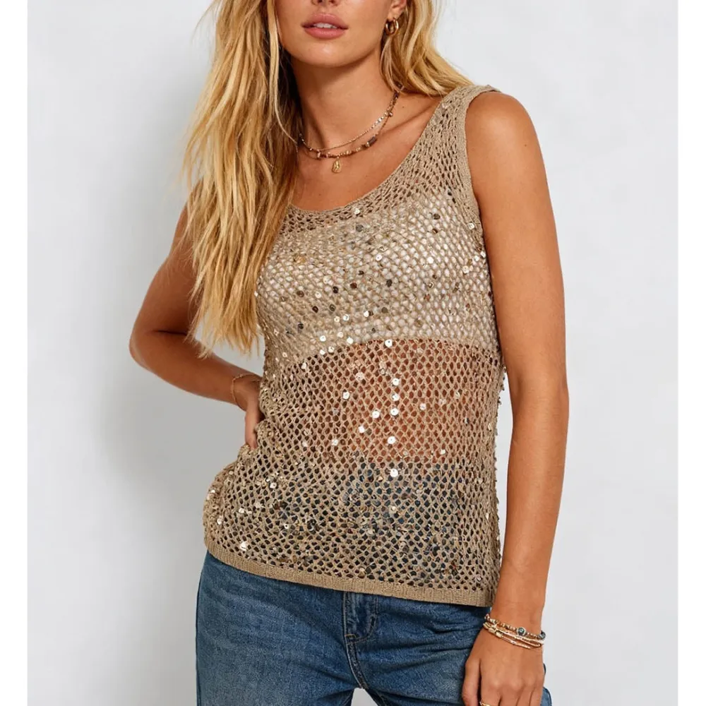Chic Shiny Sequin Crochet Hollow Out Tank Top