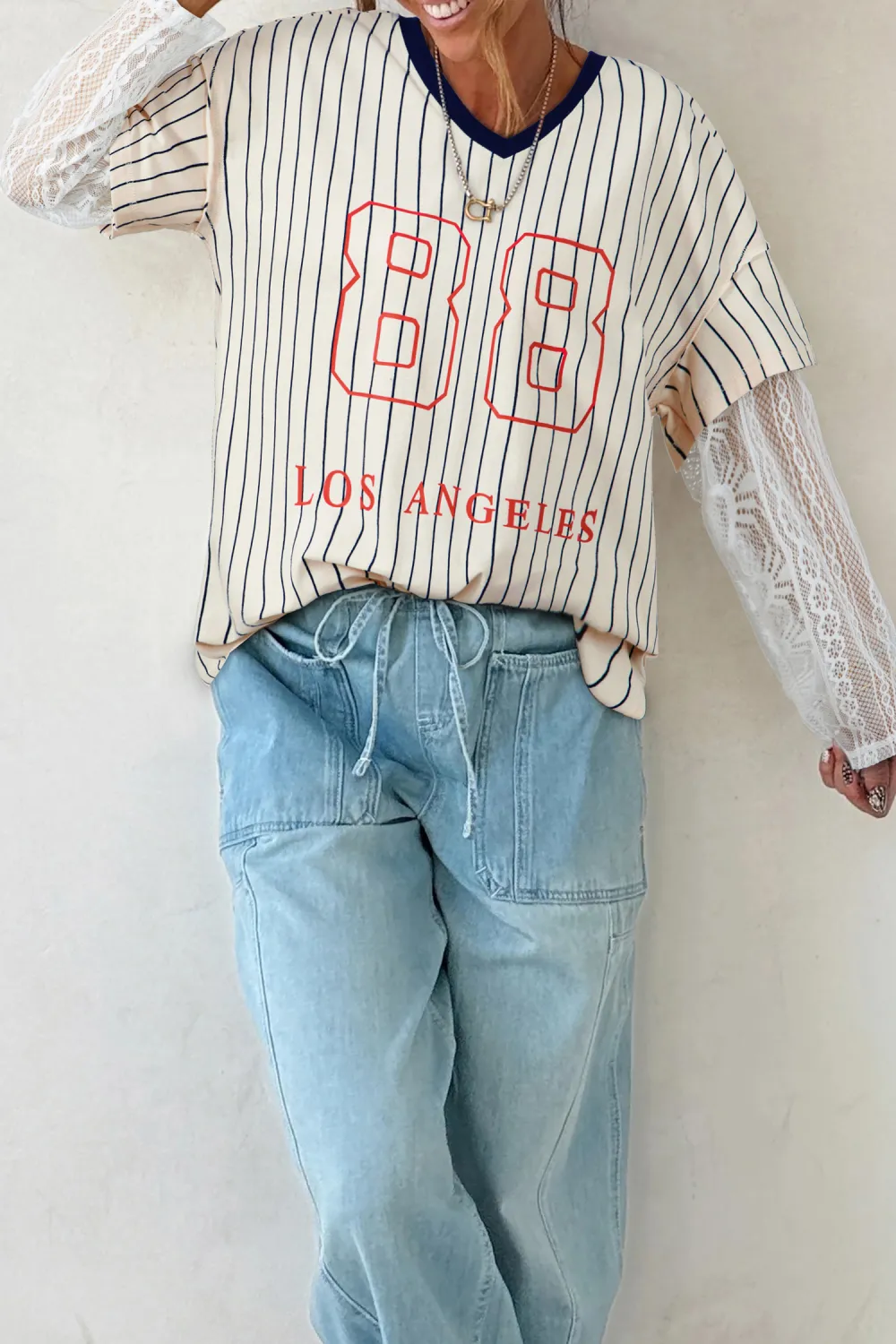 Blue Stripe Angel Graphic Lace Top
