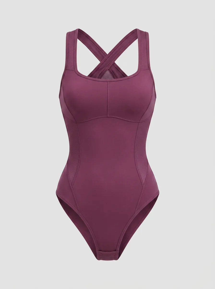 Women's Fitness Yoga Cross-Back Mesh Panel Bodysuit