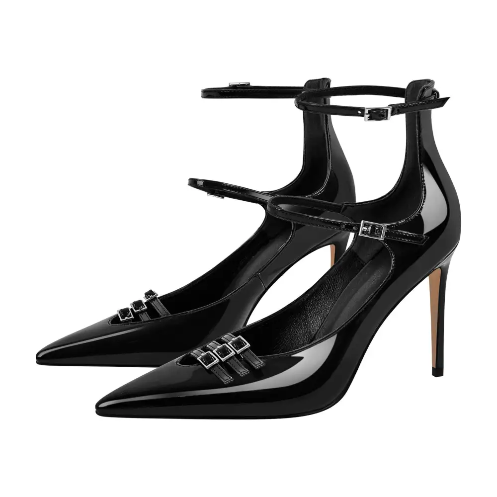 Polished Pointed Toe Stiletto Ankle Strap Pumps