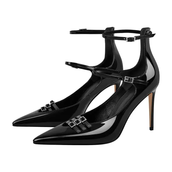 Polished Pointed Toe Stiletto Ankle Strap Pumps