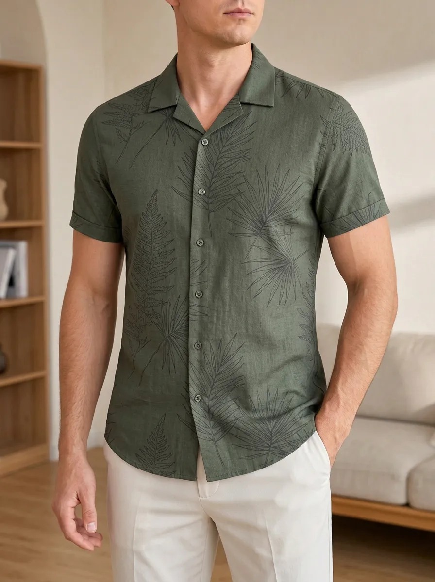 Men's Tropical Botanical Fern Printed Slim Fit Shirt