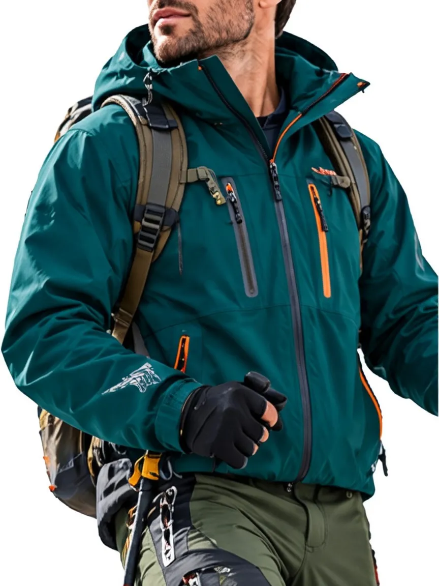 Men's waterproof jacket, suitable for cold-weather hiking, winter skiing, and outdoor softshell activities.