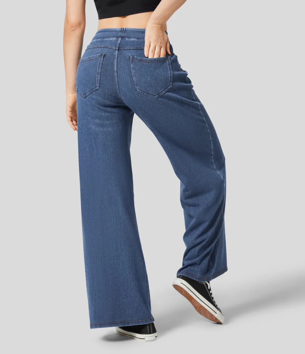 Magic High Waisted Multiple Pockets Wide Leg Stretchy Knit Casual Thermal Jeans