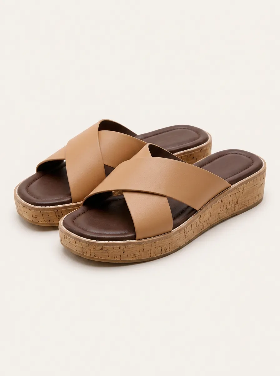 Women's Casual Summer Tan Crisscross Cork Platform Sandals