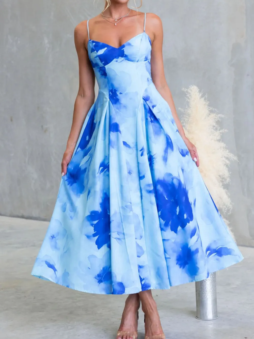Simple Print Spaghetti Strap Midi Dress