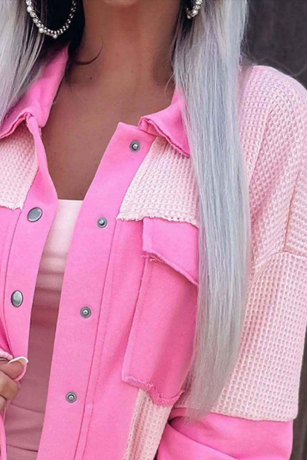 Colorblock Waffle Patchwork Pocket Shirt Jacket