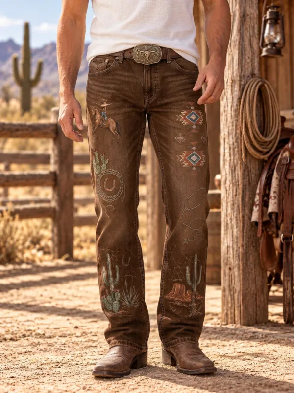 Men's Desert Inspired Western Cowboy Horse Cactus Jeans