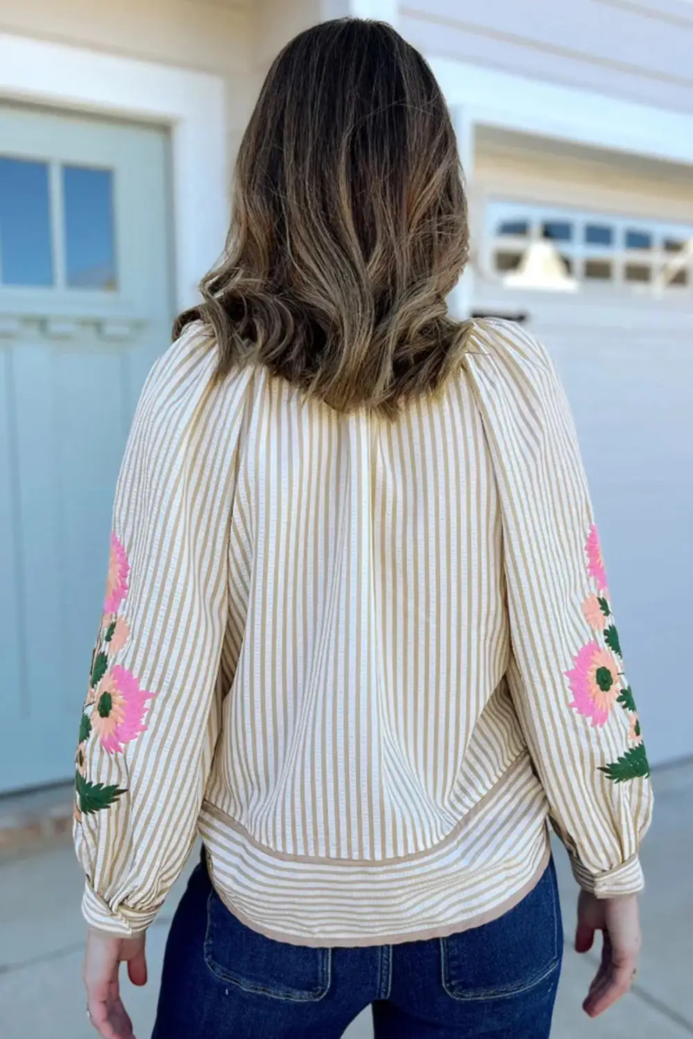 Women's Floral Print Striped Embroidered Top