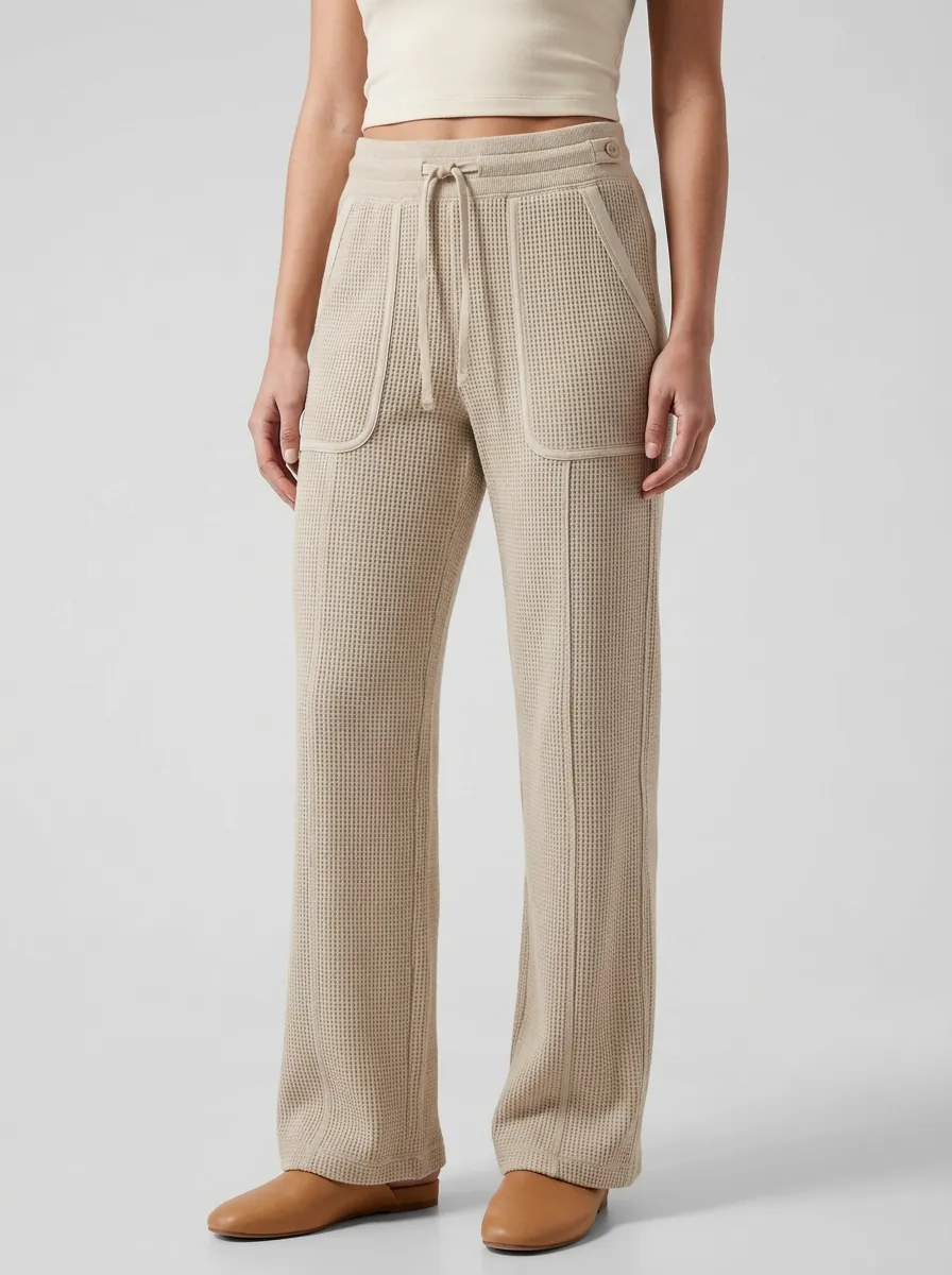 Women's Casual Waffle Knit Drawstring Wide Leg Pants