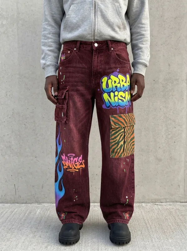 Men's Urban Graffiti Flame Graphic Cargo Jeans