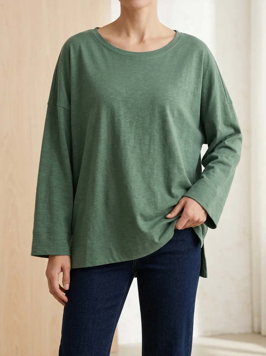 Modern Casual Ribbed Texture Cotton Feel Women's Long Sleeve Tee