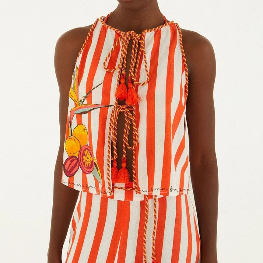 Embroidered Striped Rope-Detail Blouse