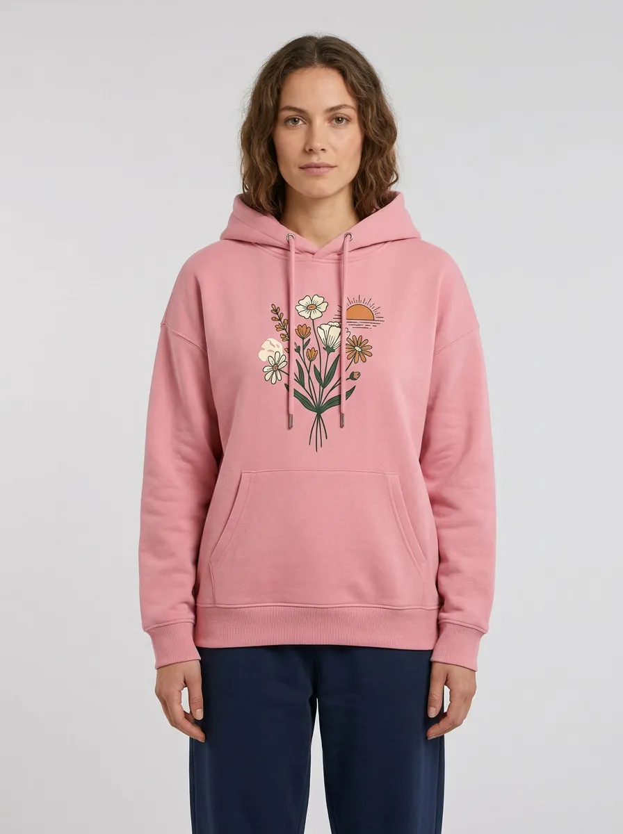 Women's Hooded Drawstring Graphic Floral Rib-Trim Hoodie