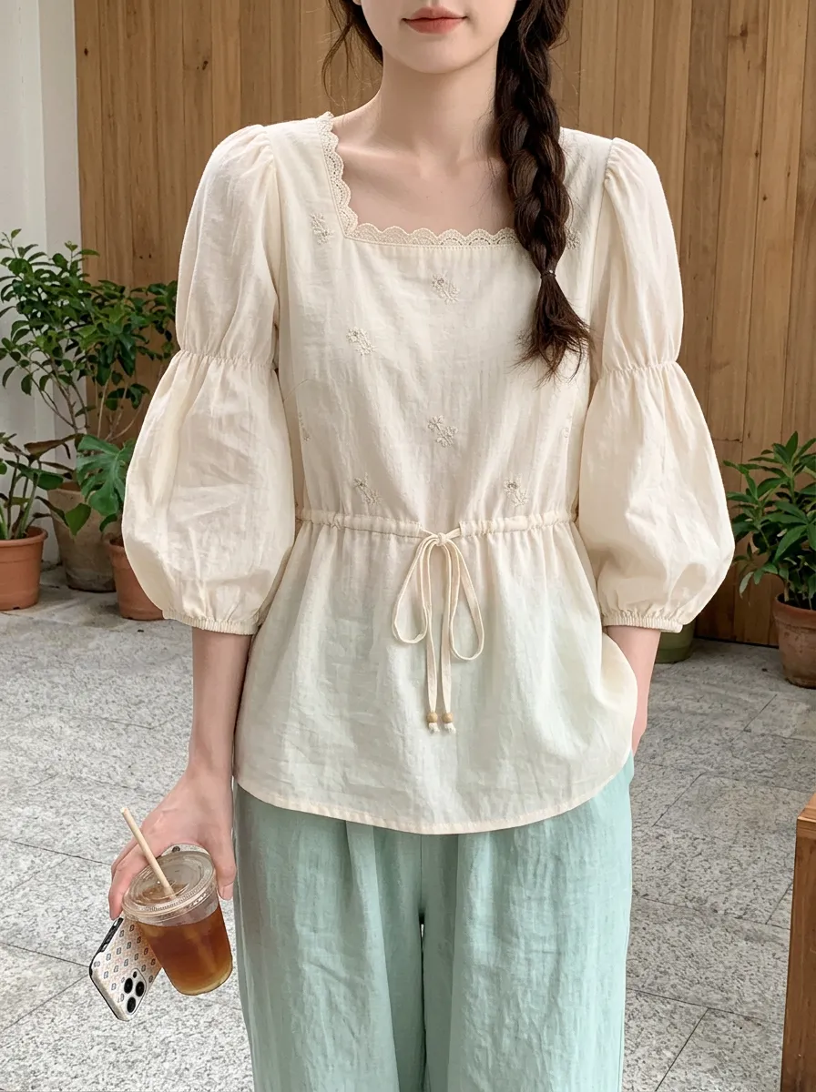 Modern Embroidered Women's Puff-Sleeve Blouse