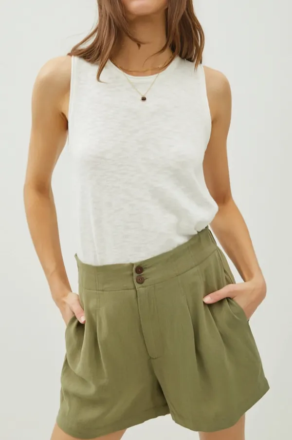 Olive Green Linen Pleated High Waist Shorts
