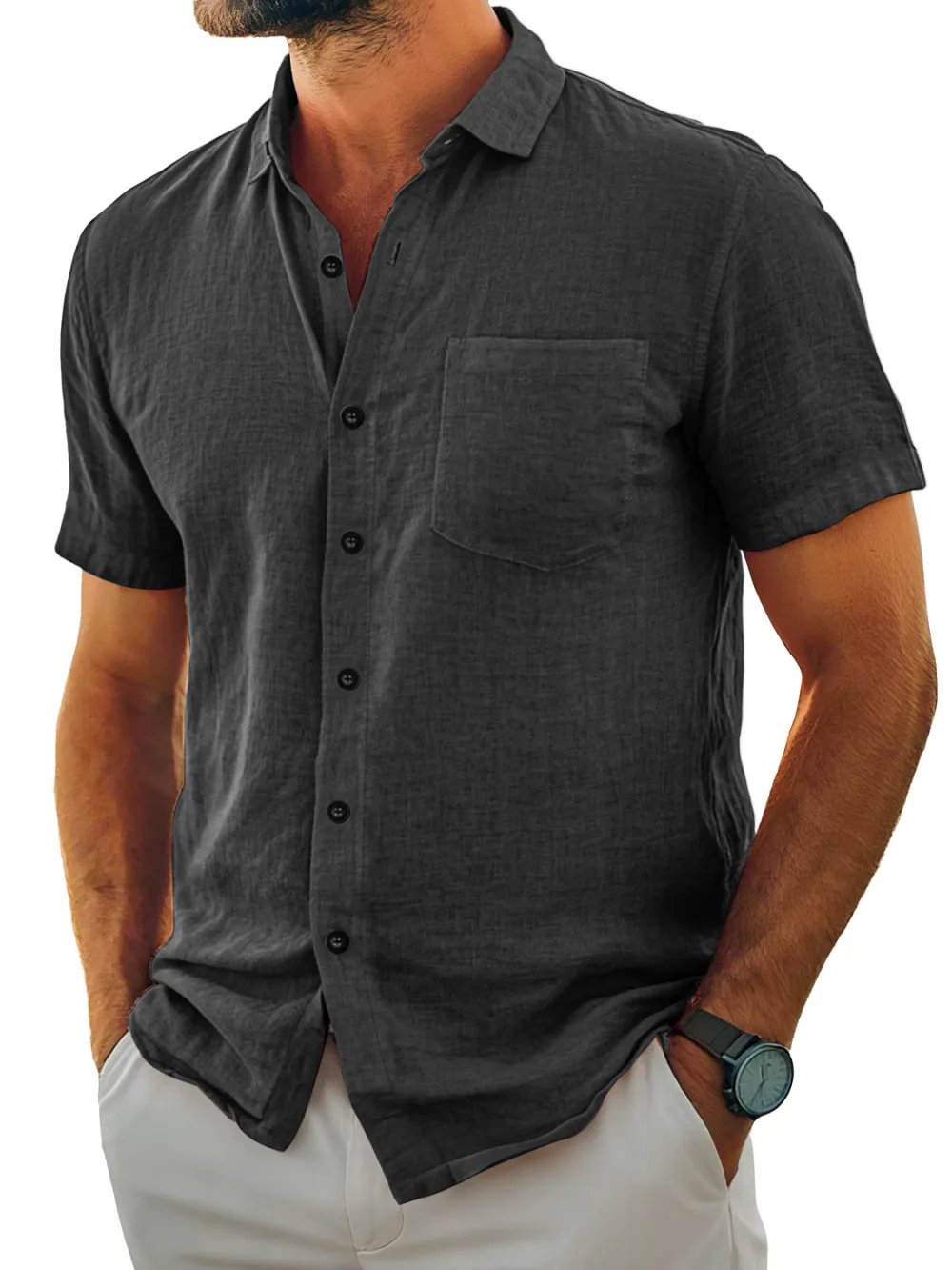 Clean Line Short Sleeve Open Collar Pocket Shirt