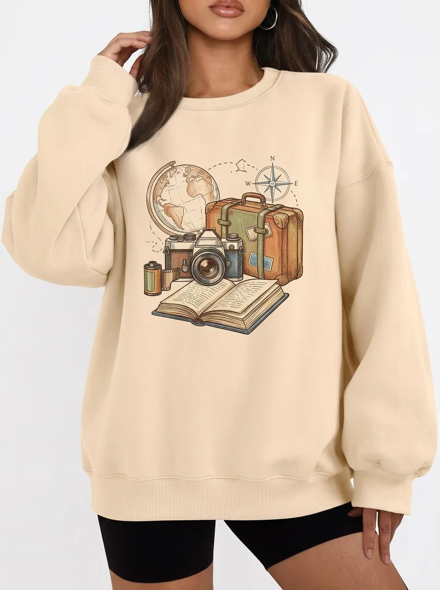 Women's Travel Globe Camera Suitcase Graphic Sweatshirt