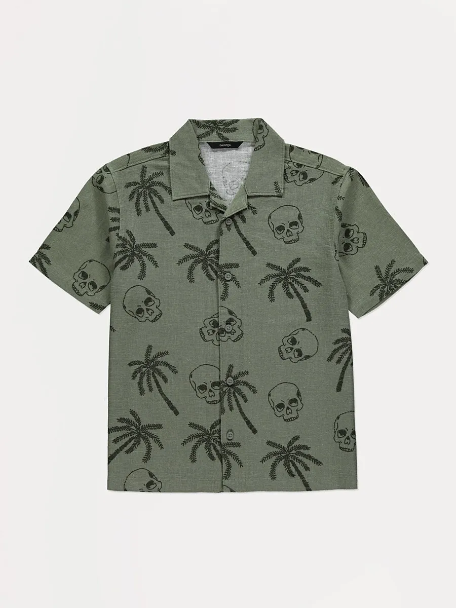 Khaki Skull Palm Tree Short Sleeve Shirt with Linen