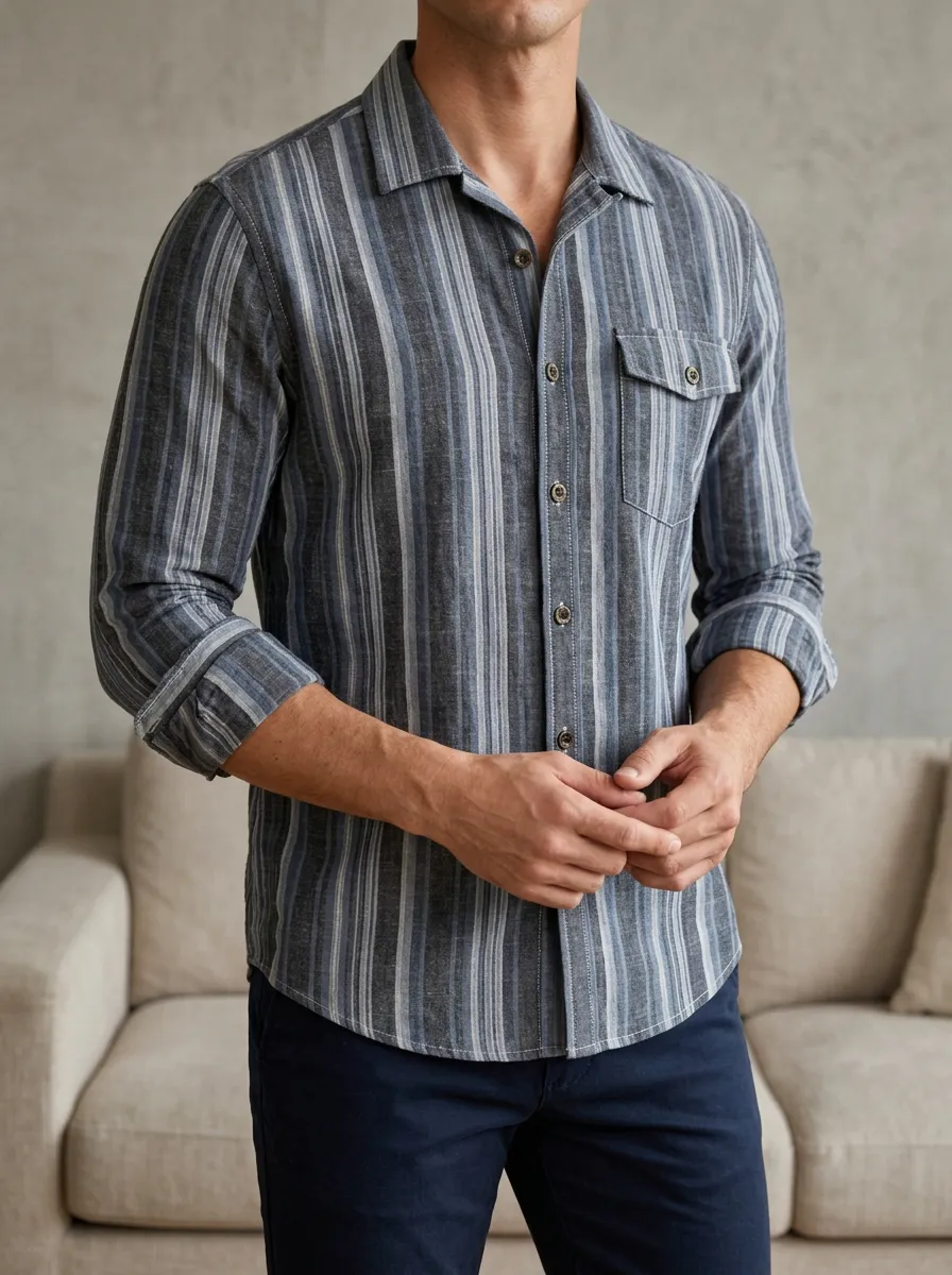 Men's Casual Style Blue Grey Vertical Striped Printed Slim Fit Shirt